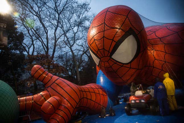 A Spider-Man balloon on the eve of the Macy's parade in 2014.