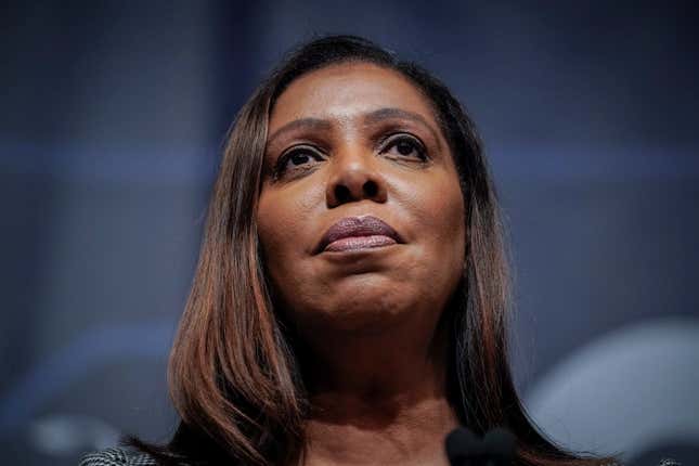 New York State Attorney General Letitia James speaks during the New York State Democratic Convention in New York, Feb. 17, 2022. Former New York Gov. Andrew Cuomo sued James on Thursday, Aug. 11, 2022, arguing that James violated state law by denying him public assistance for his defense in a sexual harassment claim.