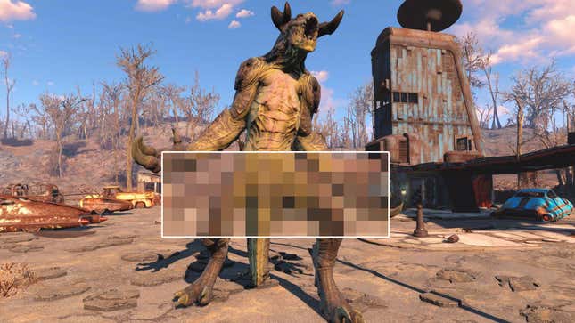 A screenshot shows a Deathclaw from Fallout 4 with part of its body censored. 