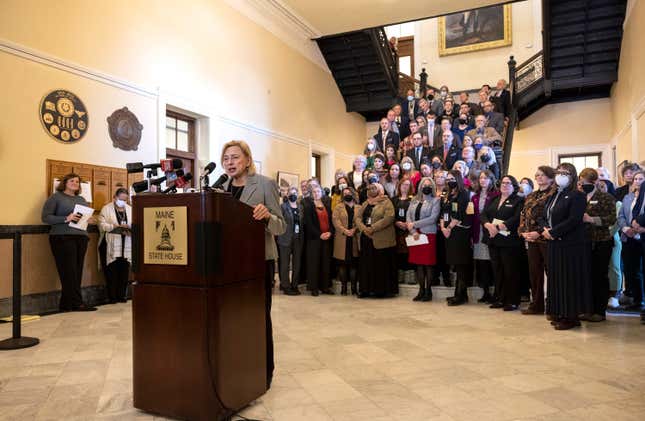 Gov. Janet Mills speaks during a press conference about new legislation to protect abortion rights in Maine on Tuesday, January 17, 2023.