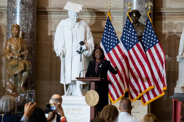 Rep. Val Demings, D-Fla., speaks during a statue unveiling ceremony for civil rights pioneer Mary McLeod Bethune, center, in the U.S. Capitol’s Statuary Hall on Wednesday, July 13, 2022. Statues of Rosa Parks, left, and Norman Borlaug, also appear.
