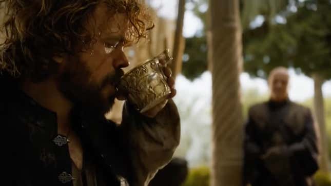 A clearly drunk Tyrion takes another drink while a silent Varys watches on.