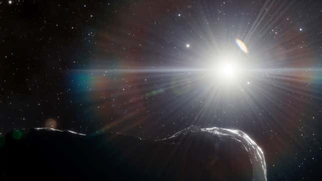 An illustration of an asteroid, with the Sun glaring behind it.