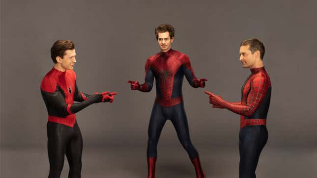 Three maskless Spider-Man standing in a triangle point at each other.