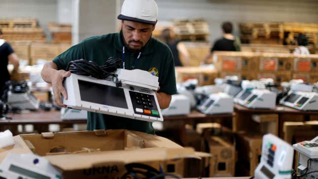 Voting machines are packaged before being shipped.