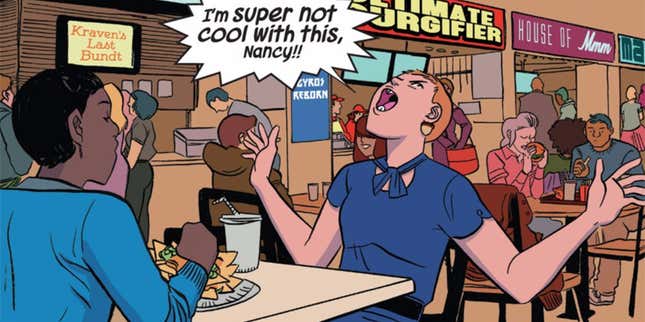 Doreen Green shouts "I'm super not cool with this, Nancy" as the two eat at a comics-pun-laden food court in Unbeatable Squirrel Girl #8.