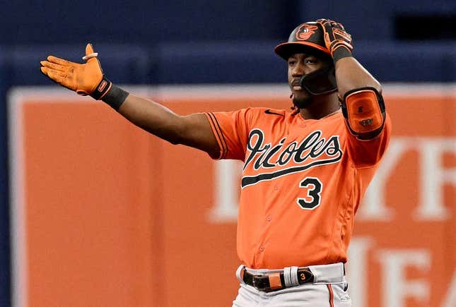 Jul 22, 2023; St. Petersburg, Florida, USA; Baltimore Orioles short stop Jorge Mateo (3) celebrates after hitting a two run double in the fourth inning against the Tampa Bay Rays at Tropicana Field.