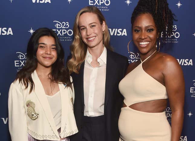 (L-R) Iman Vellani, Brie Larson, and Teyonah Parris attend D23 Expo 2022 at Anaheim Convention Center in Anaheim, California on September 10, 2022.