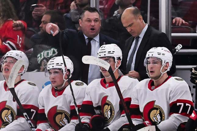 Mar 6, 2023; Chicago, Illinois, USA; Ottawa Senators head coach D.J. Smith instructs his team during the first period against the Chicago Blackhawks at United Center.