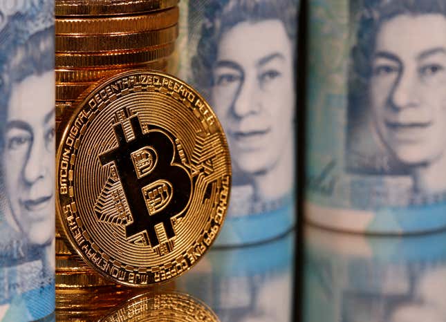 Representations of Bitcoin and pound banknotes are seen in this illustration taken January 6, 2020. REUTERS/Dado Ruvic/Illustration – RC26VE9CER95