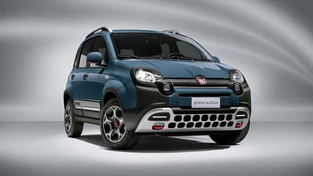 Front-quarter view of a Fiat Panda Cross Hybrid in blue.