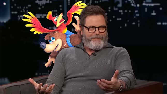 An image of Nick Offerman on Jimmy Kimmel's late-night talk show, with Rrare's mascot Banjo-Kazooie peeking over his right shoulder.