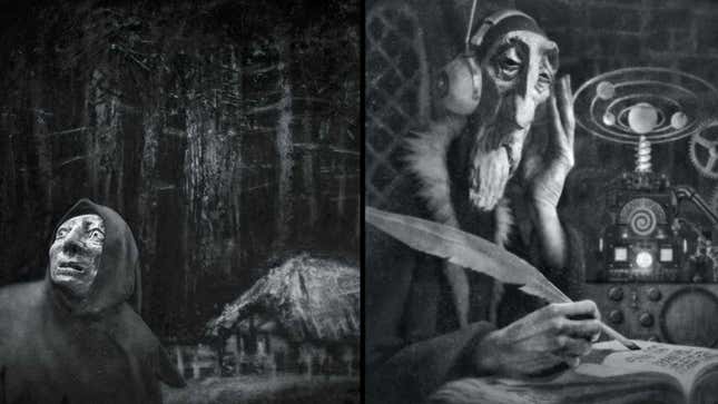 Black and white images from the book show creepy men and fantastical imagery. 
