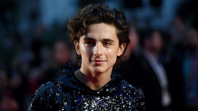 Timothee Chalamet stands on a red carpet in a snazzy blue hoodie
