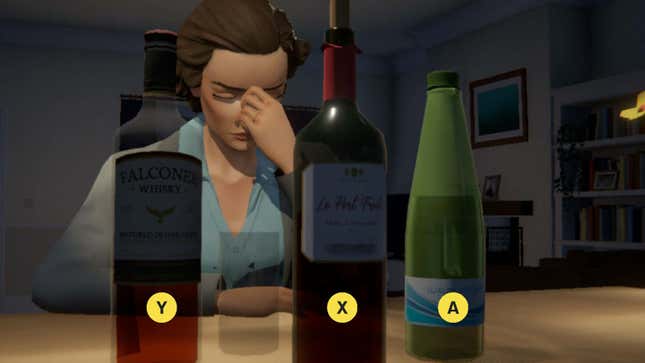 A woman who appears to be struggling sits before three bottles of different types of alcohol, each with a different button prompt.