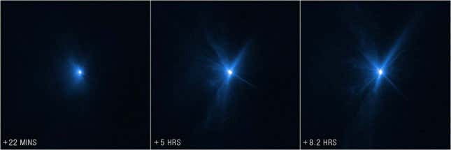 Imágenes del Hubble tomadas a los 22 minutos, cinco horas y 8,2 horas después del impacto