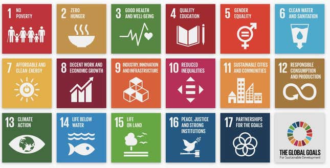 A bunch of colorful tiles showing the different Sustainable Development Goals from the UN