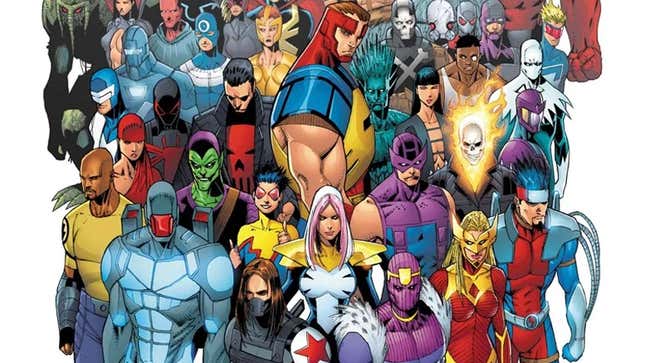 Comic-book art of ton of Marvel characters who are in the Thunderbolts.