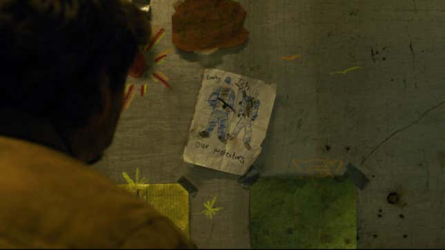 A child's drawing of two men in tactical gear with rifles, reading "Danny Ish Our Protectors" is taped to a wall in HBO's The Last of Us.