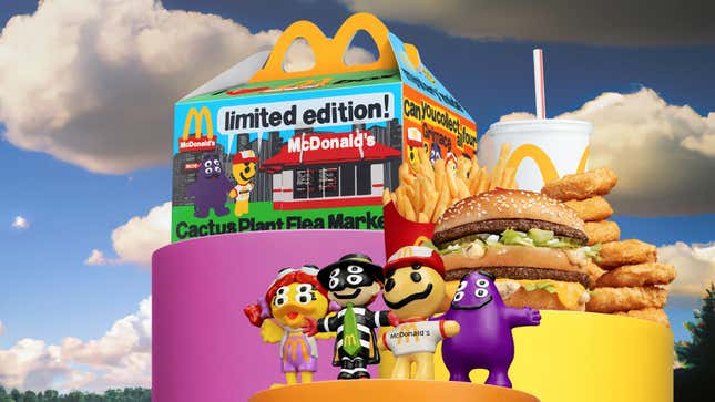 A promotional image shows a McDonald's Happy Meal box and Cactus Plant Flea Market's promotional toys. 