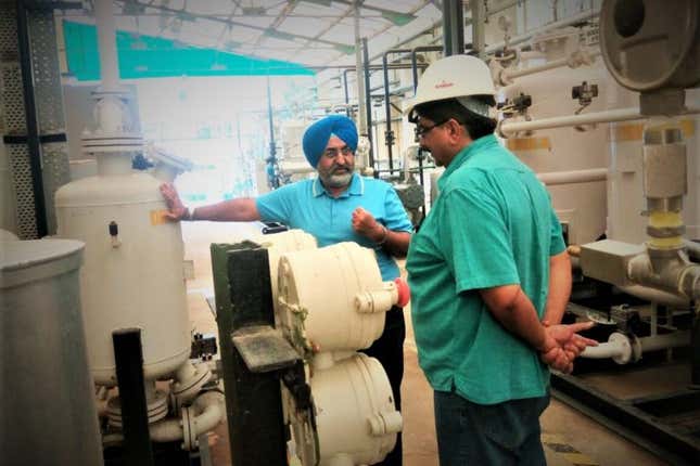Jap Innogy founder D.S. Mahal in his factory in Chandigarh. His firm has been producing bioethanol and bio carbon dioxide.