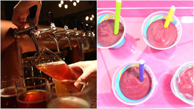 Collage of craft beer on tap/hot pink smoothies on bright background