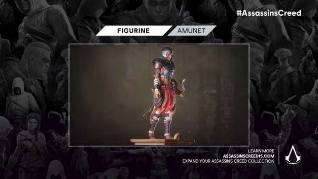 A screenshot of a promotion shows an Assassin's Creed figurine.