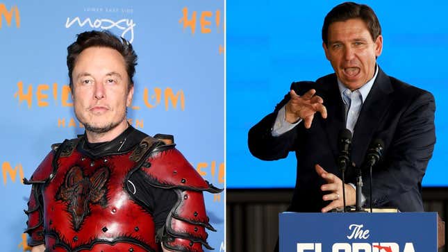 A photo of Elon Musk in red armor next to a photo of Ron Desantis 