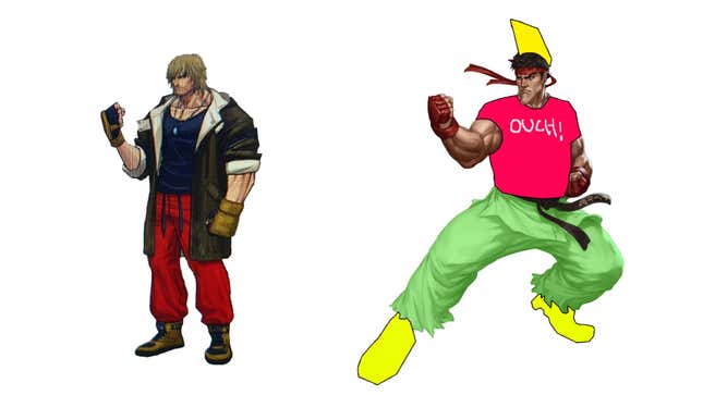 A modified image of the virgin chad meme shows Ken and Ryu standing next to each other. 