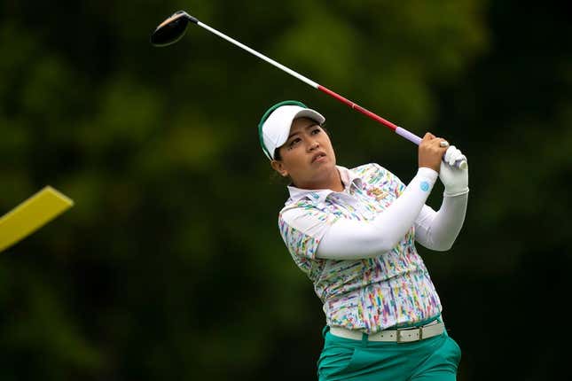 Ruixin Liu, of Guangdong, China, looks on after teeing off during round 1 of the 2023 Kroger Queen City Championship in at Kenwood Country Club in Madeira, Ohio, on Thursday, Sept. 7, 2023.