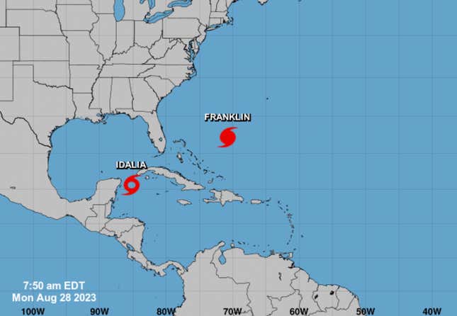 توقعات خدمة الأرصاد الجوية الوطنية لمدة يومين للعاصفة الاستوائية إداليا وإعصار فرانكلين، بتاريخ 28 أغسطس 2023.