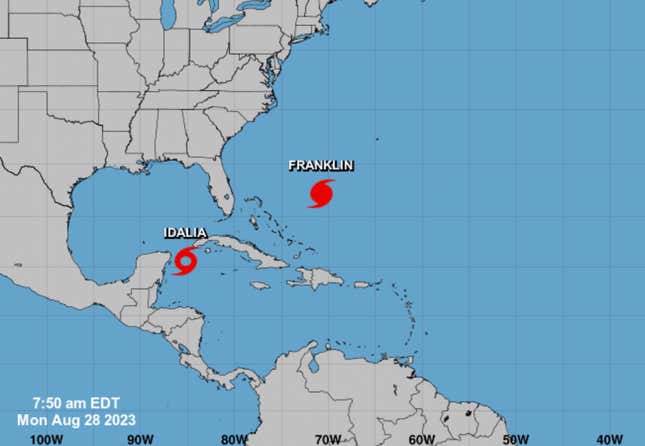 Ulusal Hava Durumu Servisi'nin 28 Ağustos 2023 tarihli tropik fırtına Idalia ve Franklin Kasırgası için iki günlük görünümü.