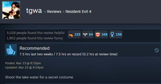 A screenshot of a Steam user text review for the game Resident Evil 4.