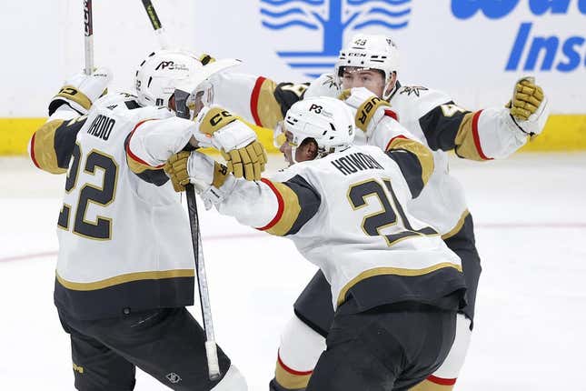 Apr 22, 2023; Winnipeg, Manitoba, CAN; Vegas Golden Knights celebrate the double overtime goal by Vegas Golden Knights right wing Michael Amadio (22) against the Winnipeg Jets in game three of the first round of the 2023 Stanley Cup Playoffs at Canada Life Centre.