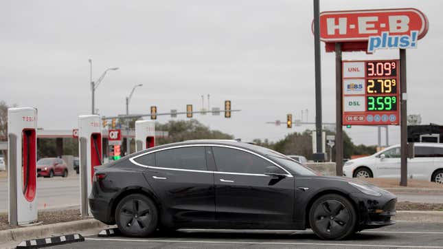 A Tesla Model 3 charges in San Antonio, Texas in early 2022 before heat waves threatened the state’s power grid.
