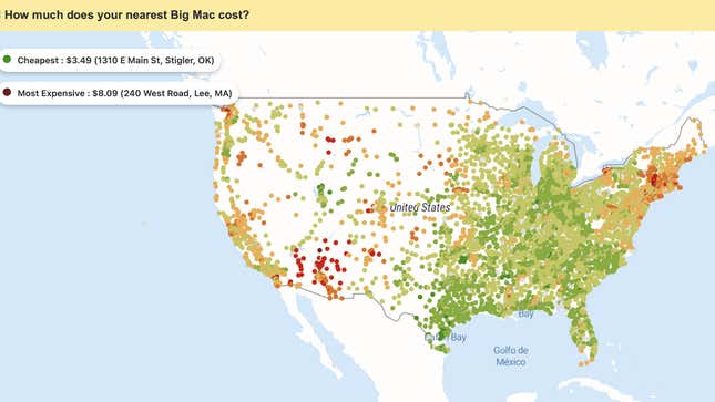 McCheapest.com shows Big Mac prices across the nation in an interactive, readily-updated map.