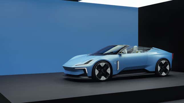 A photo of the Polestar 6 sports car finished in a pale blue color. 