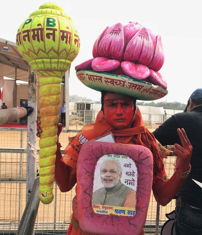 A supporter of Narendra Modi at the Kalol rally.