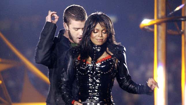 Justin Timberlake and Janet Jackson performs during halftime of Super Bowl XXXVIII Sunday, Feb. 1, 2004, in Houston. 