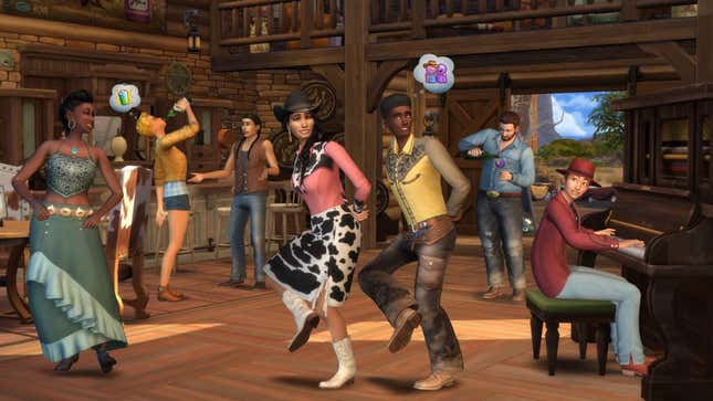 Ein Die Sims 4-Bild zeigt Charaktere, die tanzen, während sie Cowboy-Outfits tragen.