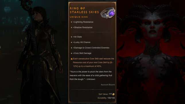 A composite image shows stats for the Ring of Starless Skies.