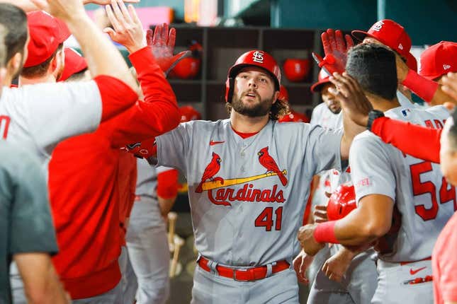 Jun 7, 2023; Arlington, Texas, USA; St. Louis Cardinals left fielder Alec Burleson (41) celebrates his go ahead home run during the eighth inning against the Texas Rangers at Globe Life Field.