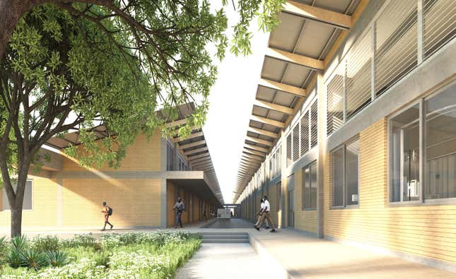 An image of the a rendering of the design for a public garden at district hospitals, as part of Ghana's Agenda 111. By Adjaye Associates