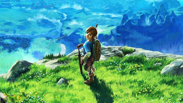 Link is seen standing at the edge of a cliff with his sword planted in the ground.