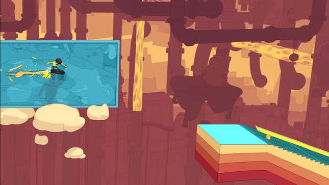 A screenshot from OlliOlli World depicting a created skater wallriding before attempting to make a big gap to grind a long stair rail.