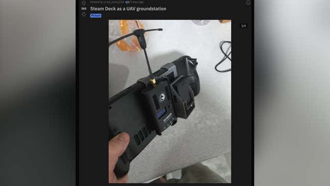 A set of remote UAV gear is strapped to the back of a Steam Deck in a Reddit post. 