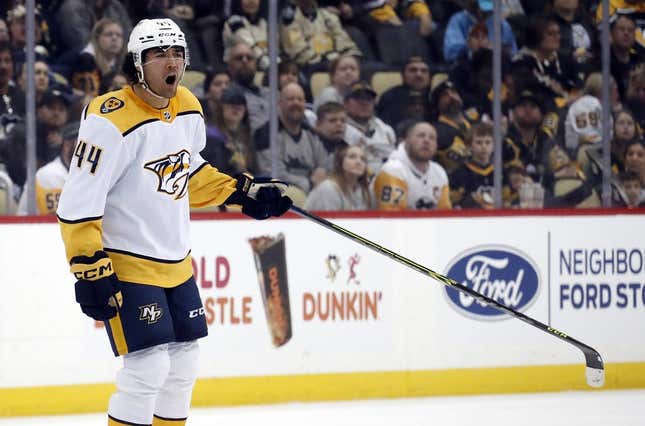Mar 30, 2023; Pittsburgh, Pennsylvania, USA; Nashville Predators left wing Kiefer Sherwood (44) reacts after a roughing penalty was assessed on Nashville against the Pittsburgh Penguins during the third period at PPG Paints Arena. The Penguins shutout the Predators 2-0.
