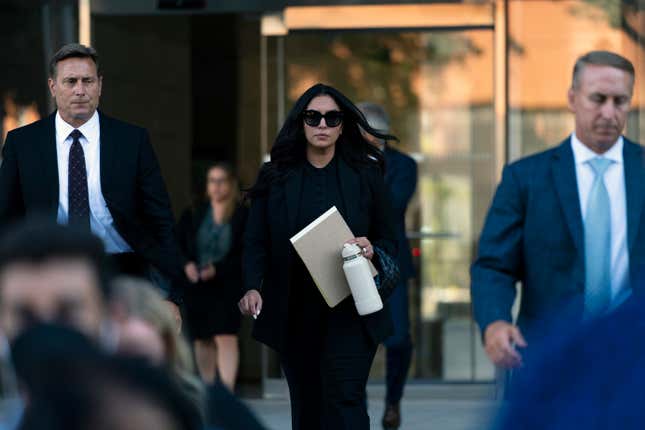 Vanessa Bryant, center, the widow of Kobe Bryant, leaves a federal courthouse in Los Angeles, Wednesday, Aug. 10, 2022. Kobe Bryant’s widow is taking her lawsuit against the Los Angeles County sheriff’s and fire departments to a federal jury, seeking compensation for photos deputies shared of the remains of the NBA star, his daughter and seven others killed in a helicopter crash in 2020.