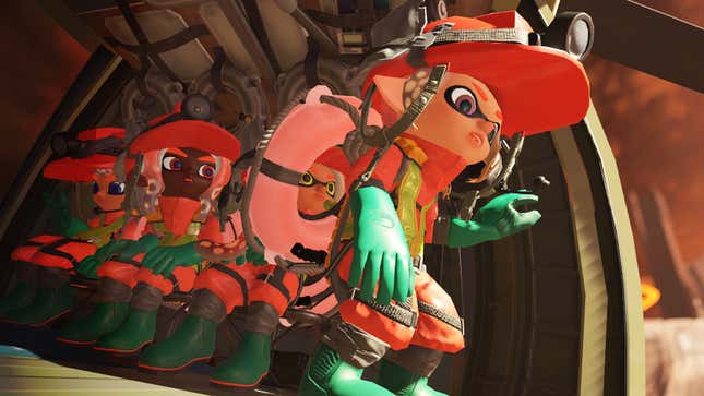 Splatoon 3's Inklings prepare to jump out of a helicopter.