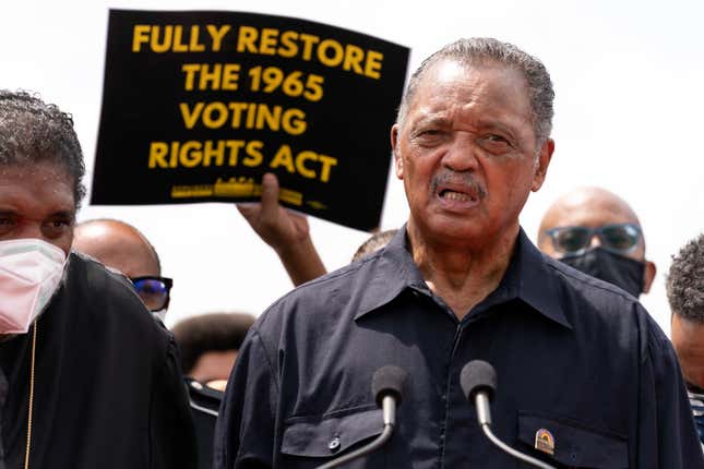 In this Monday, Aug. 2, 2021 file photo, Rev. Jesse Jackson speaks to the crowd during a demonstration supporting the voting rights, on Capitol Hill, in Washington. The Rev. Jesse Jackson and his wife, Jacqueline, have been hospitalized after testing positive for COVID-19 according to a statement Saturday, Aug. 21, 2021. 